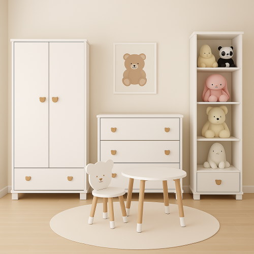 Przejdź do produktu Zestaw mebli dziecięcych MIŚ 3-elementowy – szafa, komoda, regał | z uroczymi uchwytami