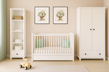 Zestaw mebli do pokoju niemowlęcego BASIC BABY. Szafa, Regał i Łóżeczko w kolorze białym z uchwytami do wyboru.