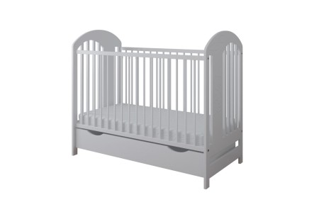 Białe łóżeczko niemowlęce Teddy z frezowanym miskiem i szufladą do przechowywania, rozmiar 120x60 cm