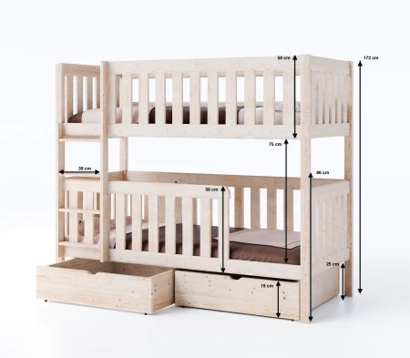 Wymiary łóżka piętrowego Utrecht Loft II z prześwitem 75 cm