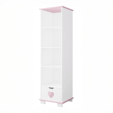 Regał z szufladą do pokoju dziecka LOVE w kolorze białym z różowym dekoracyjnym serduszkiem