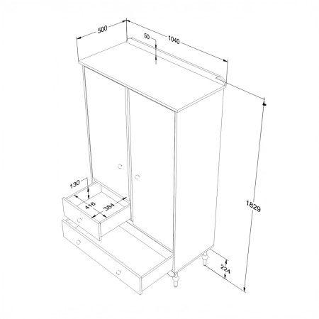Szafa 2-drzwiowa z szufladami do pokoju dziecięcego lub młodzieżowego w kolorze oliwkowym - Wymiary