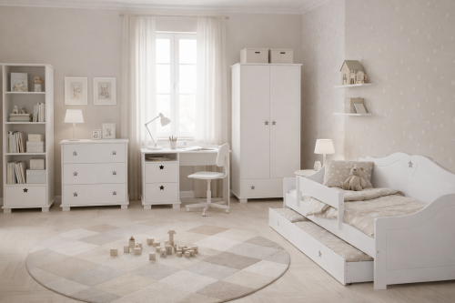 Przejdź do produktu Zestaw mebli dziecięcych STARS 5 el.– łóżko, szafa, komoda, biurko i regał