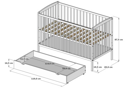Łóżeczko-Tapczanik BASIC z szufladą - Wymiary.jpg