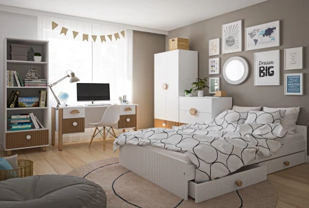Zestaw mebli do pokoju młodzieżowego Cozy LOFT Young 5el. Szafa, regał, komoda, biurko i łóżko 200x120 cm z szufladami w kolorze białym