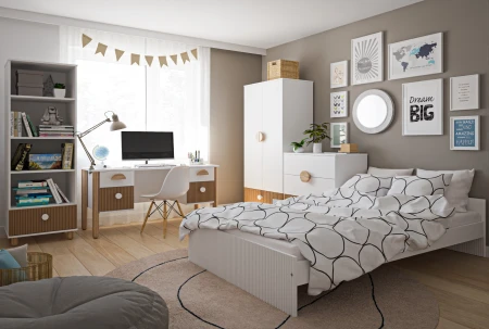 Zestaw mebli do pokoju młodzieżowego Cozy LOFT Young 5el. Szafa, regał, komoda, biurko i łóżko w kolorze białym