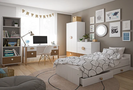 Zestaw mebli do pokoju młodzieżowego Cozy LOFT Young 5el. Szafa, regał, komoda, biurko i łóżko 200x90 cm z szufladami w kolorze białym
