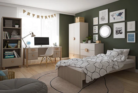 Zestaw mebli do pokoju młodzieżowego Cozy LOFT Young 5el. Szafa, regał, komoda, biurko i łóżko w kolorze białym