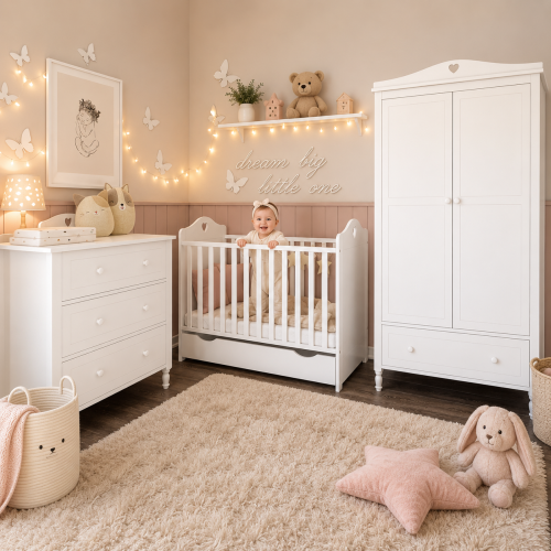 Przejdź do produktu Zestaw mebli dziecięcych LAURA BABY – łóżeczko, komoda, szafa 