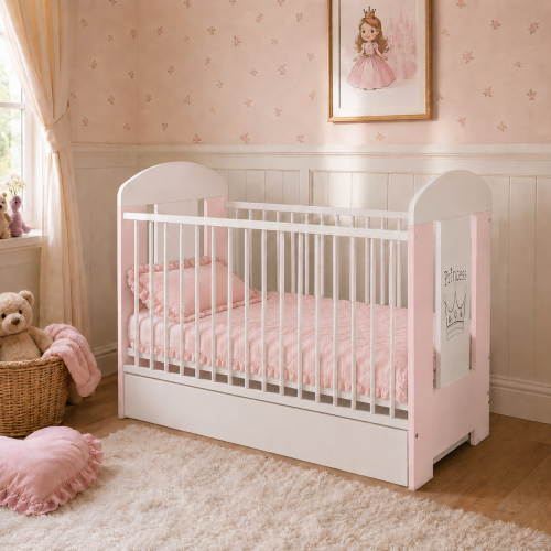 Przejdź do produktu Łóżeczko 120x60 PRINCESS - Biało-różowe