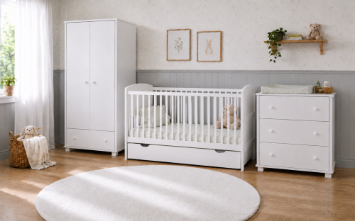 Przejdź do produktu Zestaw mebli dla niemowląt BASIC BABY z łóżeczkiem NORA 140x70 – wybór uchwytów i koloru 