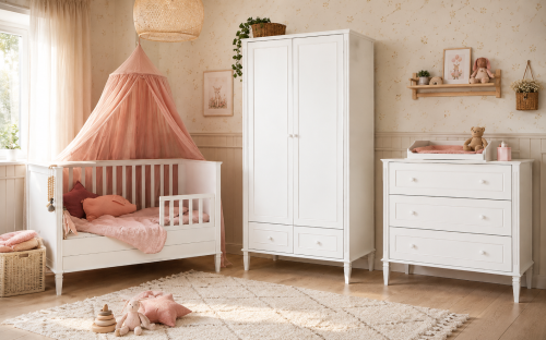 Przejdź do produktu Zestaw mebli dziecięcych Bianka Baby – łóżeczko 140 × 70, komoda i szafa w stylu art déco