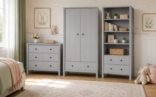 Przejdź do produktu Zestaw mebli dziecięcych Allpin Grey– szafa, komoda i regał