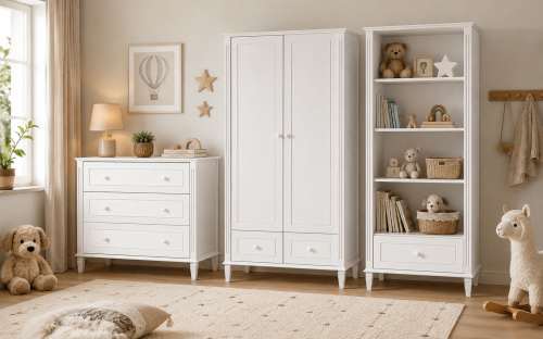 Przejdź do produktu Zestaw mebli dziecięcych Bianka – szafa, komoda i regał w stylu art déco