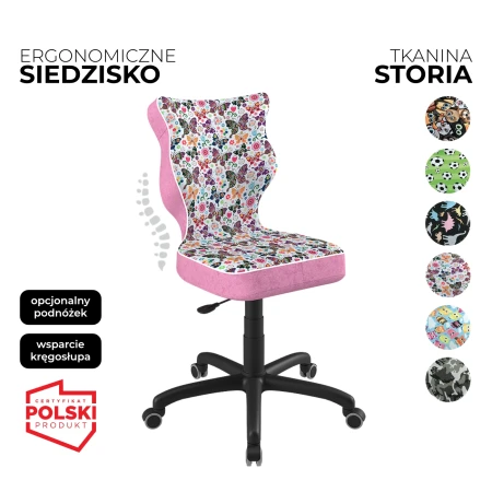 krzesło obrotowe dla dziecka petit storia różowe siedzisko z motywem motyli i czarna konstrukcja - 6 wzorów siedziska do wyboru