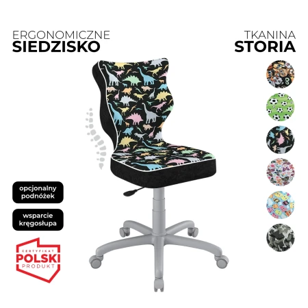 krzesło obrotowe dla dziecka petit storia czarne siedzisko z motywem dinozaurów i szara konstrukcja - 6 wzorów siedziska do wyboru