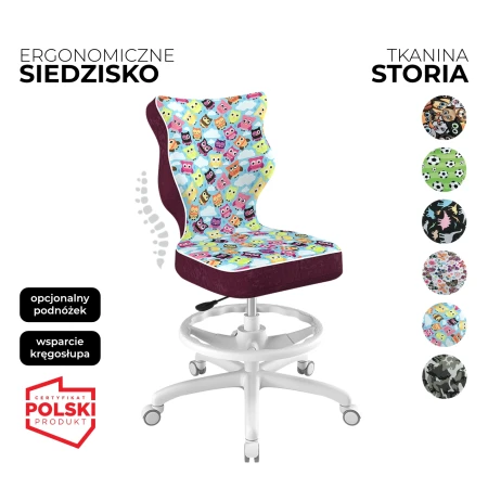 krzesło obrotowe dla dziecka petit storia fioletowe siedzisko z motywem sówek biała konstrukcja i podnóżek