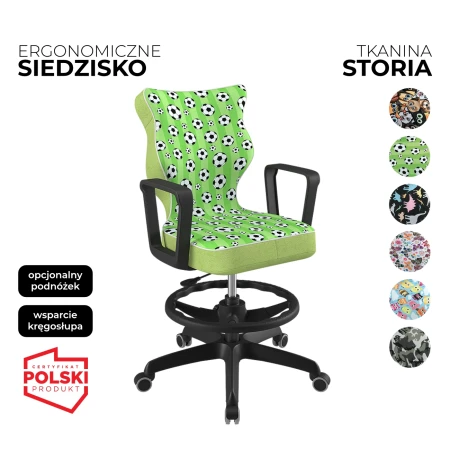 krzesło obrotowe dla dziecka norm storia zielone siedzisko z motywem piłek czarna konstrukcja i podnóżek