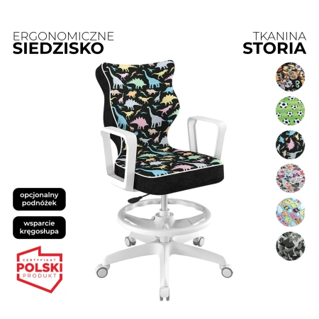 krzesło obrotowe dla dziecka norm storia czarne siedzisko z motywem dinozaurów biała konstrukcja i podnóżek