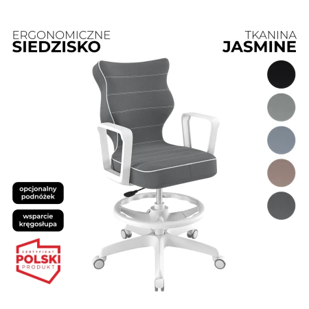 Krzesło obrotowe dla dziecka Norm Jasmine szare siedzisko biała konstrukcja i podnóżek
