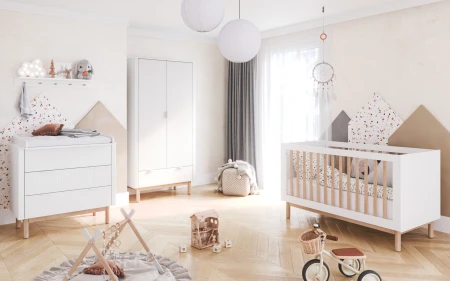 Zestaw mebli dziecięcych MILOO BABY I Pinio z łóżeczkiem, szafą, komodą i półką wiszącą