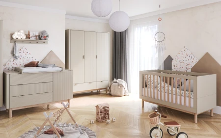Zestaw mebli dziecięcych MILOO BABY II Pinio z łóżeczkiem, szafą 3-drzwiową, komodą i półką wiszącą