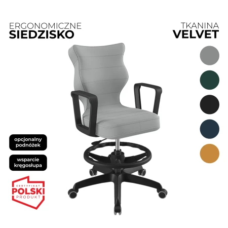 Krzesło obrotowe dla dziecka Norm Velvet szare siedzisko czarna konstrukcja i podnóżek