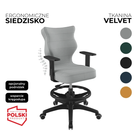 Krzesło obrotowe dla dzieci i młodzieży Duo Velvet szare siedzisko czarna konstrukcja i podnóżek