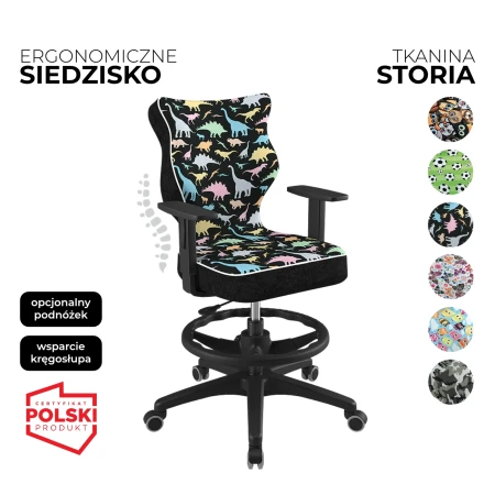 Krzesło obrotowe dla dzieci i młodzieży Duo Storia czarne siedzisko z motywem dinozaurów czarna konstrukcja i podnóżek