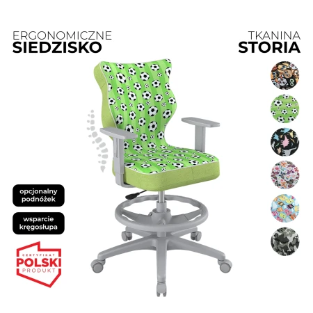Krzesło obrotowe dla dzieci i młodzieży Duo Storia zielone siedzisko z motywem piłki nożnej szara konstrukcja i podnóżek