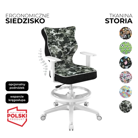 Krzesło obrotowe dla dzieci i młodzieży Duo Storia czarne siedzisko z motywem moro biała konstrukcja i podnóżek
