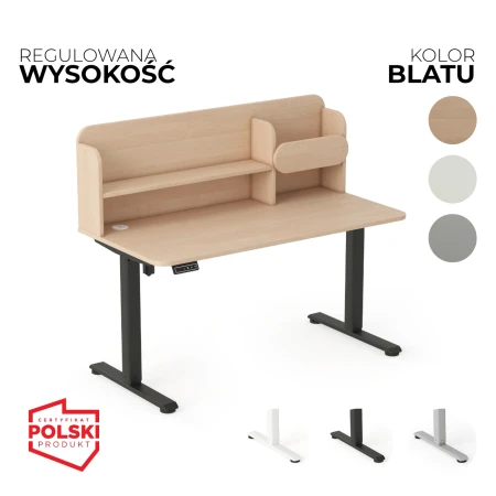 Biurko elektryczne AXIO z nadstawką i regulacją wysokości. 3 kolory stelaża i 4 kolory blatu do wyboru.