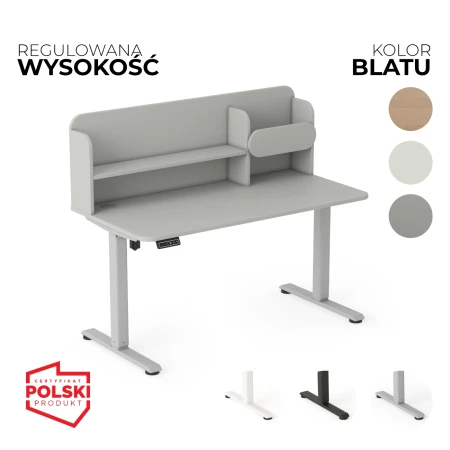Szare biurko elektryczne AXIO z nadstawką i regulacją wysokości. 3 kolory stelaża i 4 kolory blatu do wyboru.