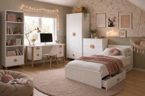 Przejdź do produktu Zestaw mebli młodzieżowych Cozy LOFT Young biały -  Łóżko 160x80, szafa, regał, komoda, biurko