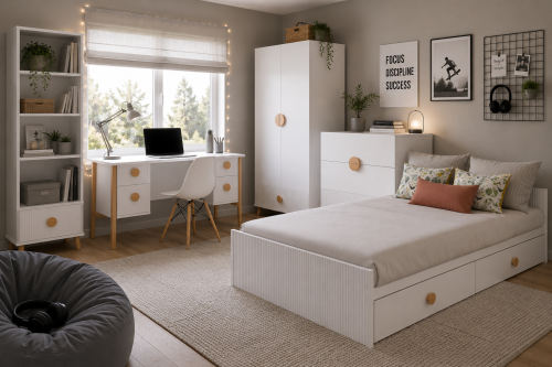 Przejdź do produktu Zestaw mebli młodzieżowych Cozy LOFT Young biały - Łóżko 200x90, szafa, regał, komoda, biurko