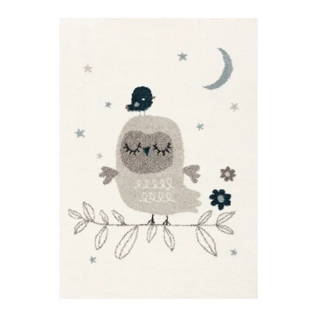 Kremowo-beżowy dywan Happy Owl z sową na tle gwieździstego nieba