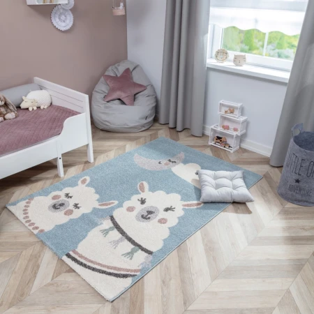 Niebiesko-kremowy dywan Cute Llama do pokoju dziecka - Aranżacja