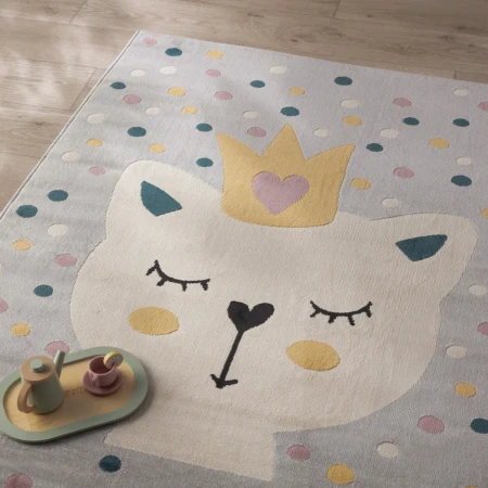 Szary dywan Royal Kitty z pastelowymi kolorowymi kropkami