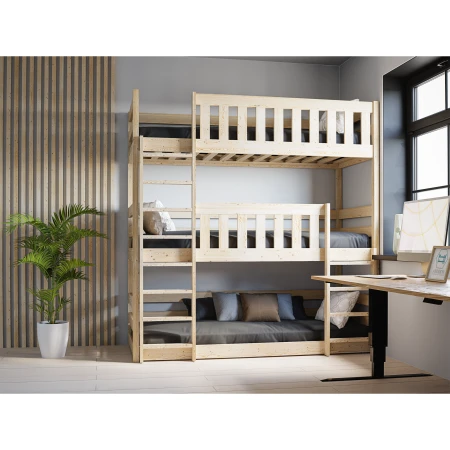 Łóżko piętrowe 3-osobowe Cozy Nest w kolorze sosna w aranżacji pokoju dziecięcego