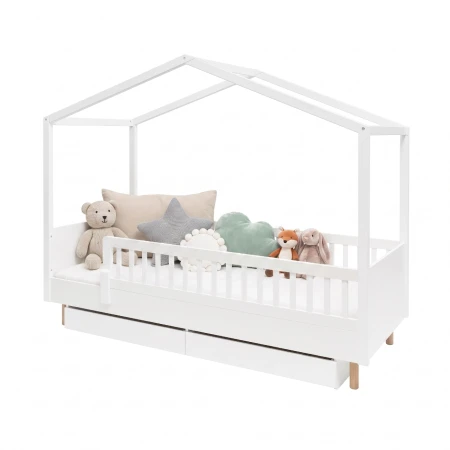 Białe Łóżko domek z barierką Luno Montessori 200x90 z pościelą, szufladami i nóżkami