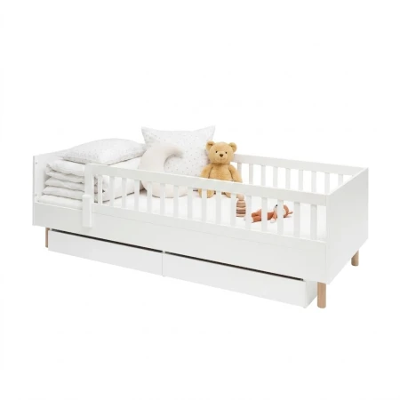 Białe Łóżko z barierką Luno Montessori 200x90 z pościelą, szufladami i nóżkami