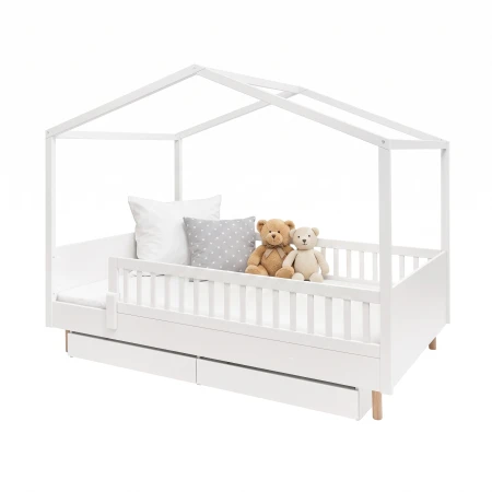 Białe Łóżko domek Luno Montessori 200x140 z barierką, poduszkami, nóżkami i szufladą
