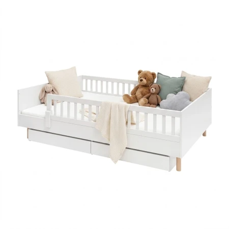 Białe Łóżko Luno Montessori 200x140 z barierką, zabawkami, nóżkami i szufladą