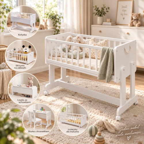 Przejdź do produktu Białe Łóżeczko 6w1 Lula Baby 90×40 – dostawka, kosz Mojżesza, biurko