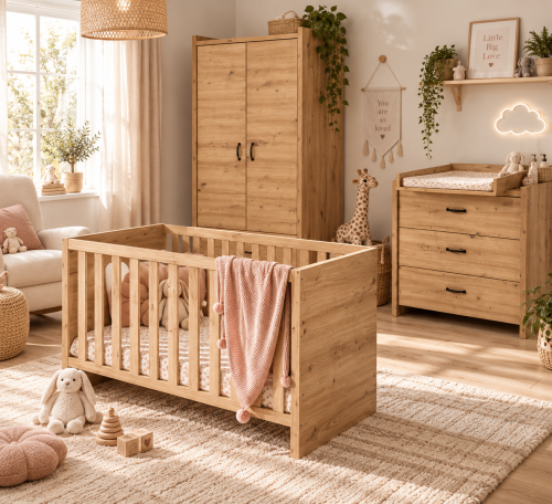 Przejdź do produktu Zestaw mebli dziecięcych AMELIA BABY dąb – łóżeczko, szafa i komoda