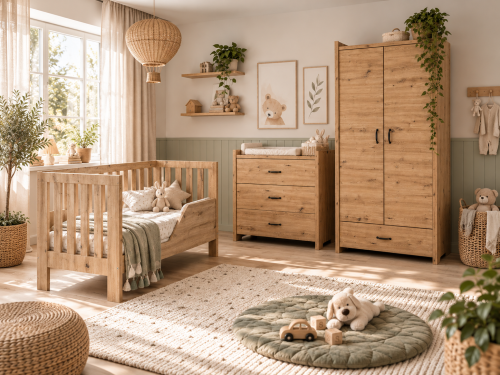 Przejdź do produktu Zestaw mebli dziecięcych AMELIA BABY II dąb – łóżeczko, szafa i komoda