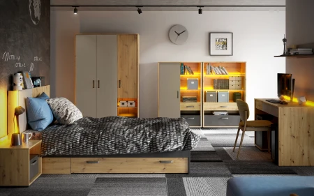 Aranżacja pokoju młodzieżowego z kompletem mebli Qubic w kolorach dąb artisan, raw steel i silk flou