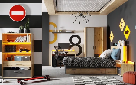 Aranżacja pokoju młodzieżowego z kompletem mebli Qubic w kolorach dąb artisan, raw steel i silk flou