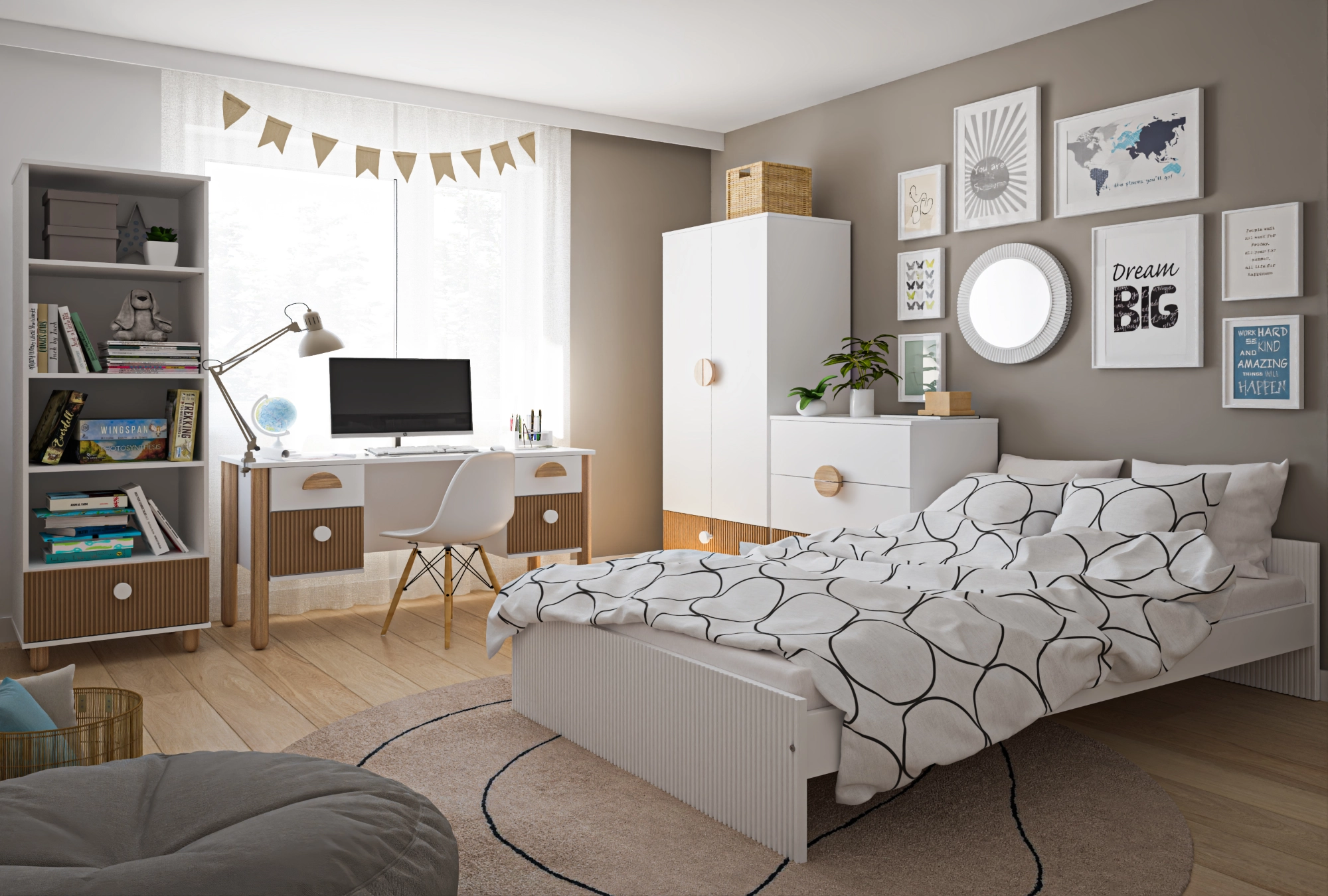 Zestaw mebli do pokoju młodzieżowego Cozy LOFT Young 5el. Szafa, regał, komoda, biurko i łóżko w kolorze białym