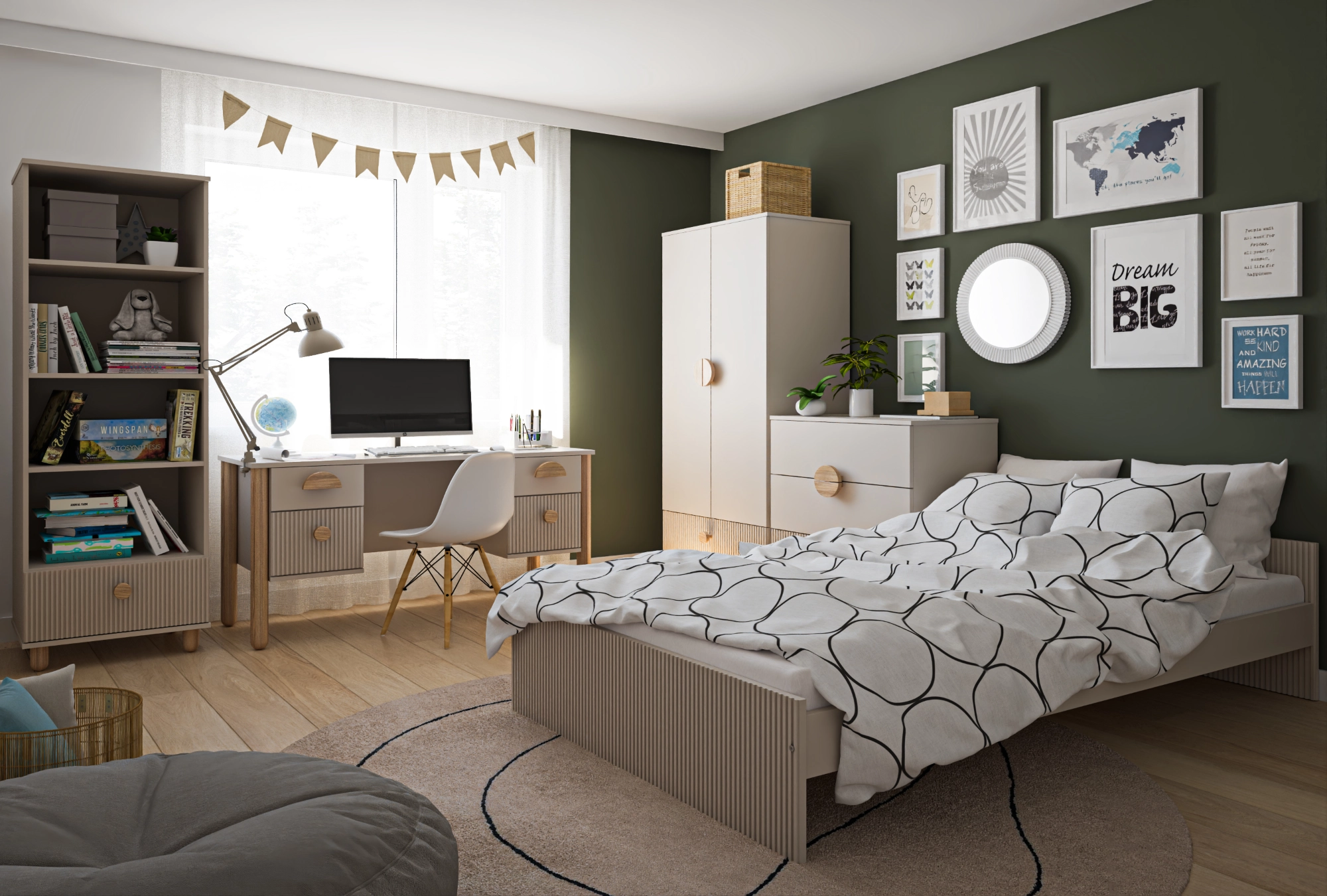 Zestaw mebli do pokoju młodzieżowego Cozy LOFT Young 5el. Szafa, regał, komoda, biurko i łóżko w kolorze kaszmir